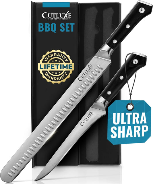Set de Cuchillos Cutluxe para BBQ - Cuchillo Rebanador 12" y Deshuesador 6" Acero Alemán - Parrilleros Aficionados