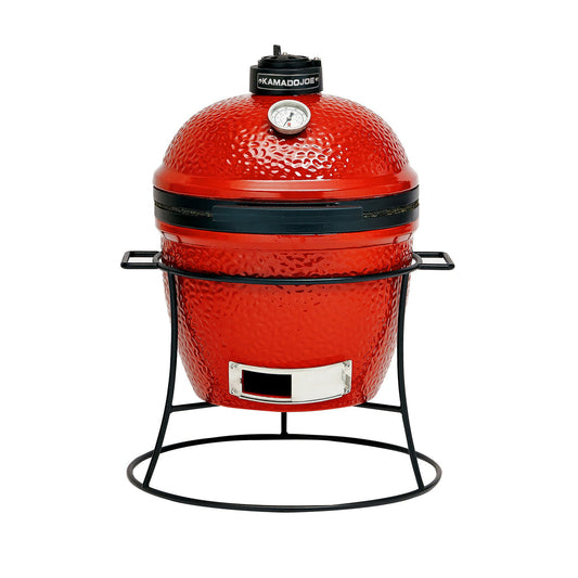 Kamado Joe Joe Jr parrilla cerámica portátil 13.5 pulgadas vista frontal con soporte hierro fundido